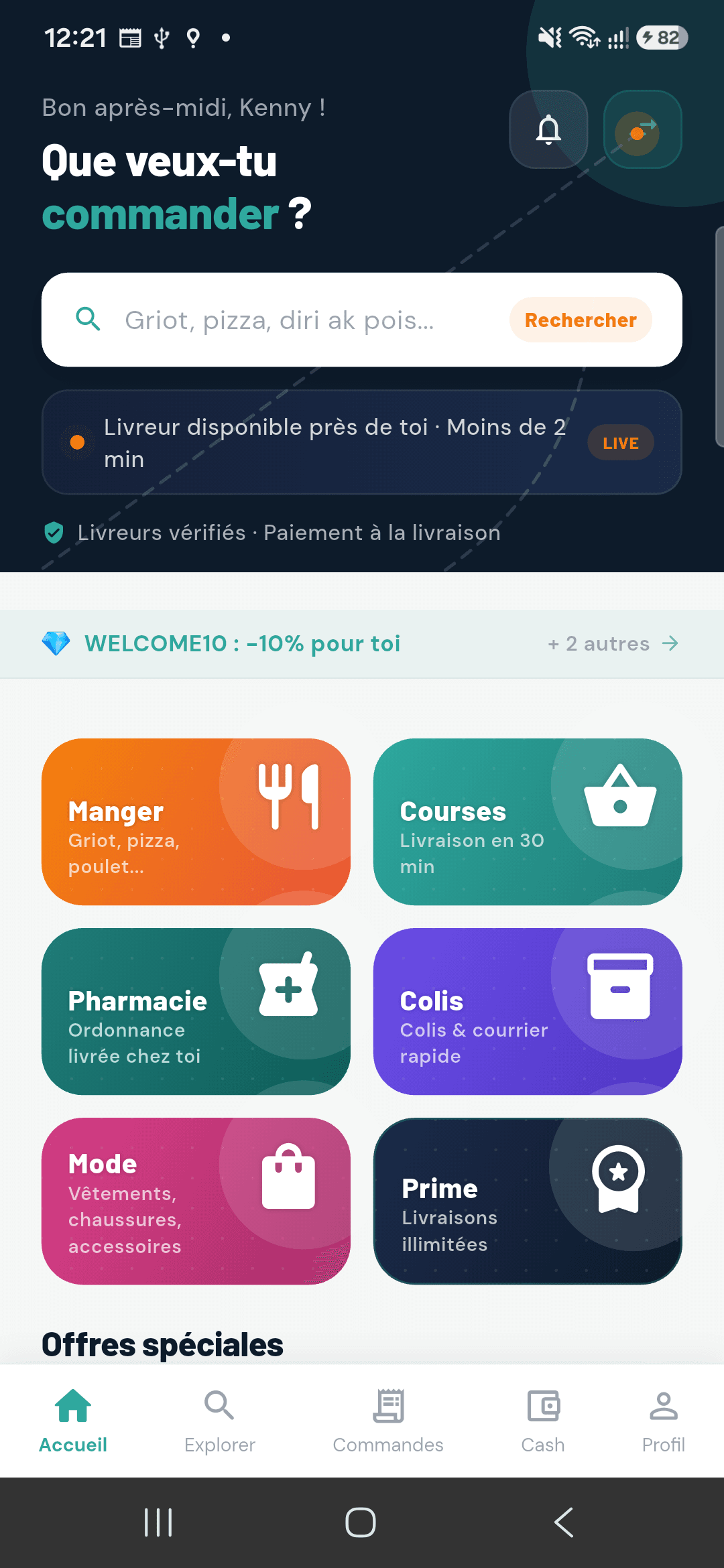 Écran d'accueil de MON COLIS avec les catégories manger, courses, pharmacie et colis