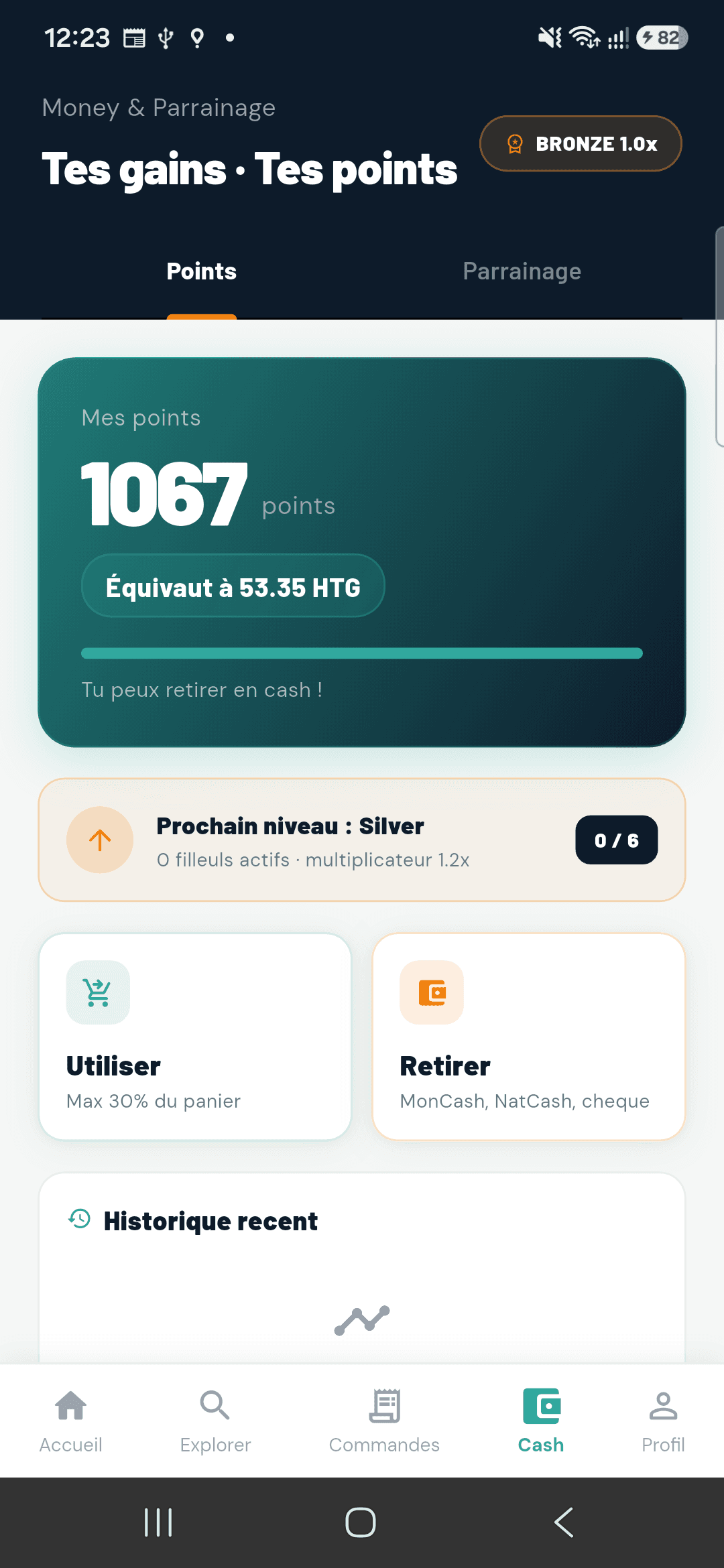 Écran Cash de MON COLIS : points, gains et retrait