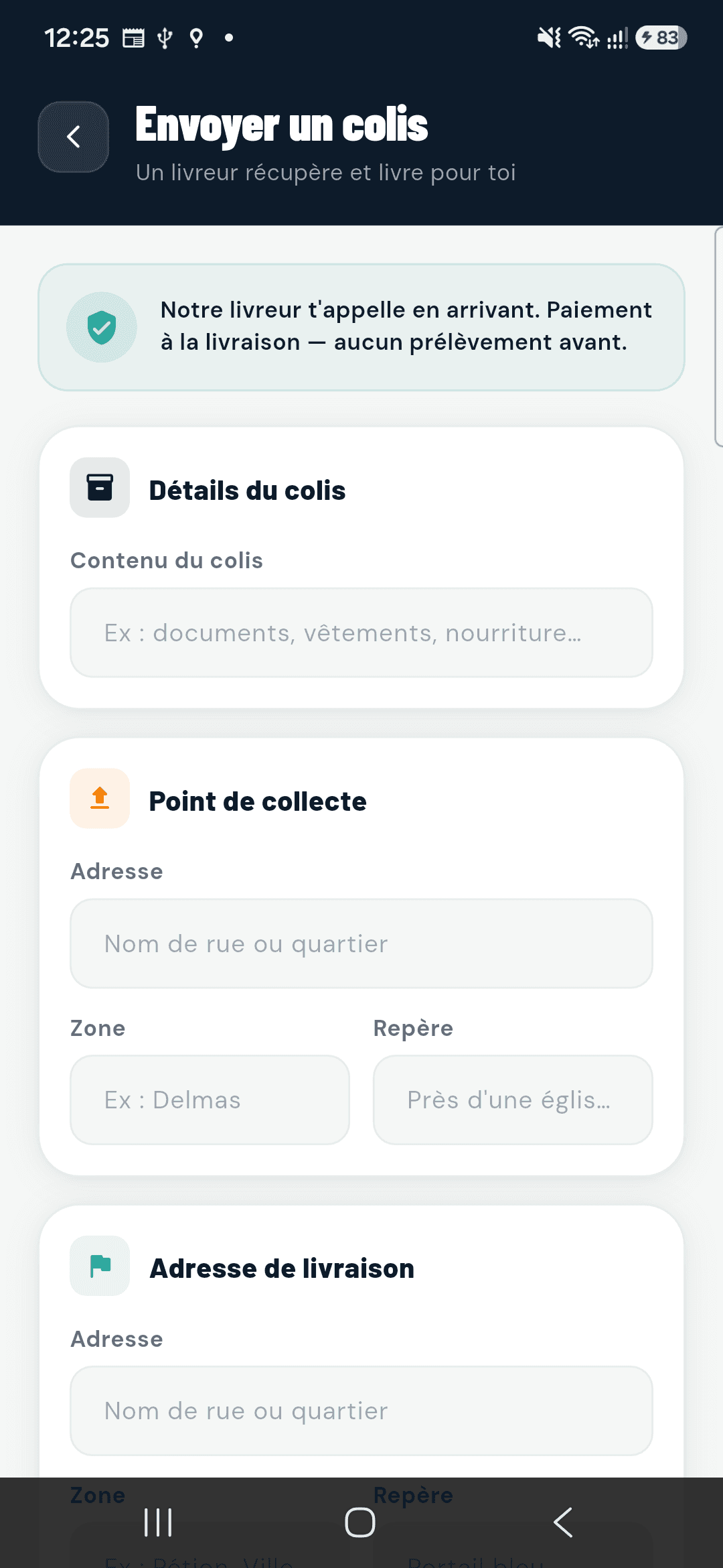 Écran d'envoi de colis de MON COLIS