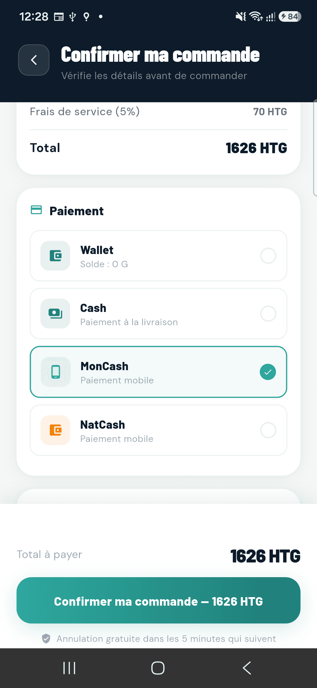 Écran de paiement MON COLIS : MonCash, NatCash, cash ou wallet