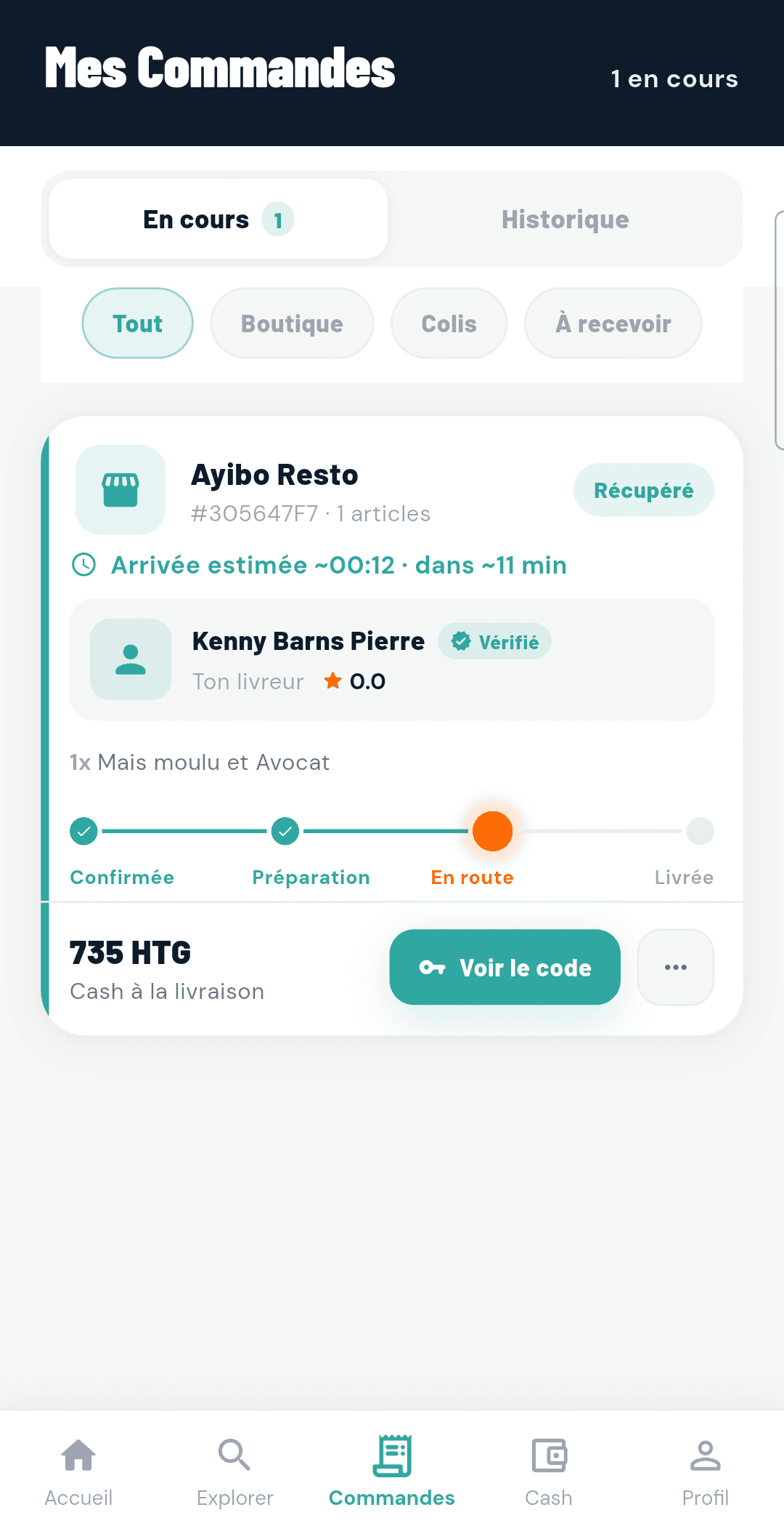 Écran de suivi MON COLIS : commande acceptée, livreur en route
